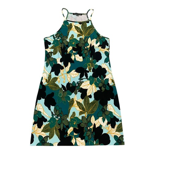Boston Proper Floral Halter Neck Mini Dress Teal Green Black Women's Size M‎ - Picture 2 of 5
